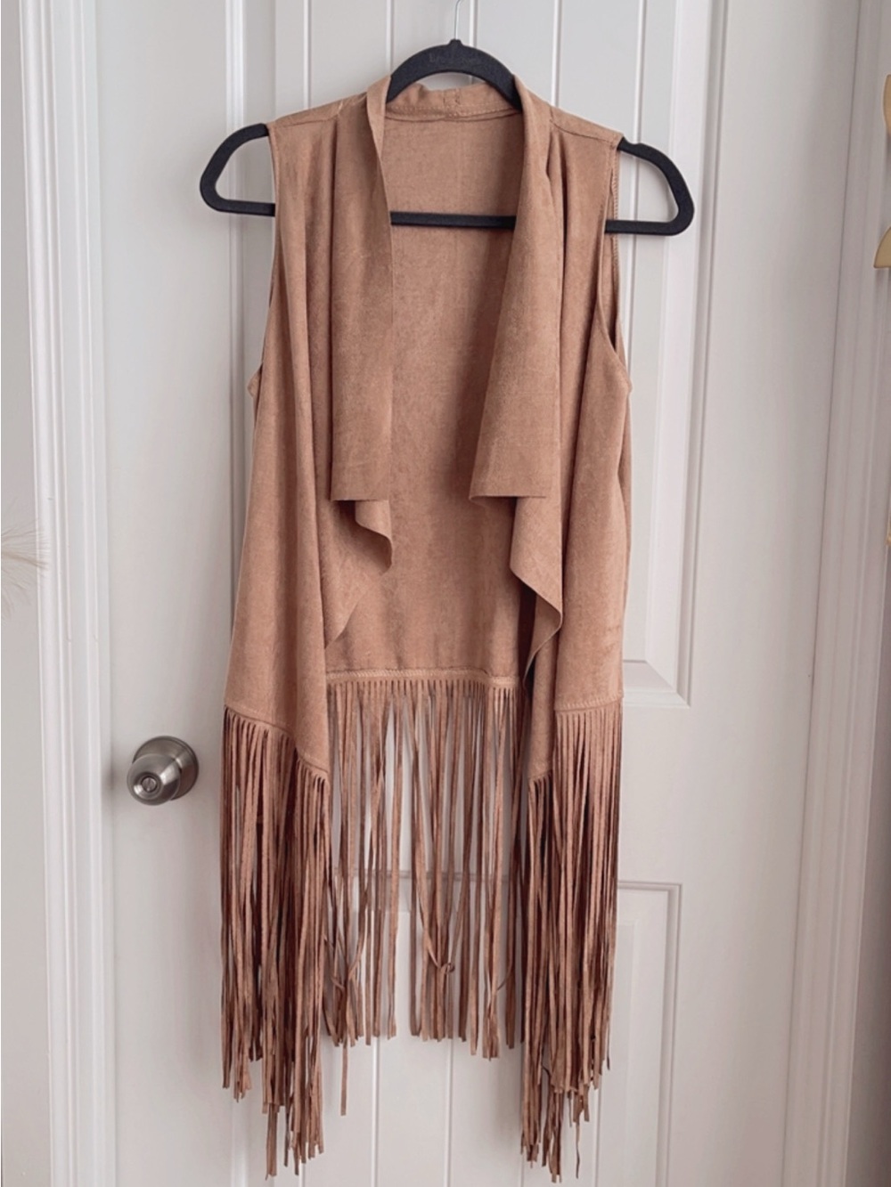 Suede Fringe Open Front Vest - Tan